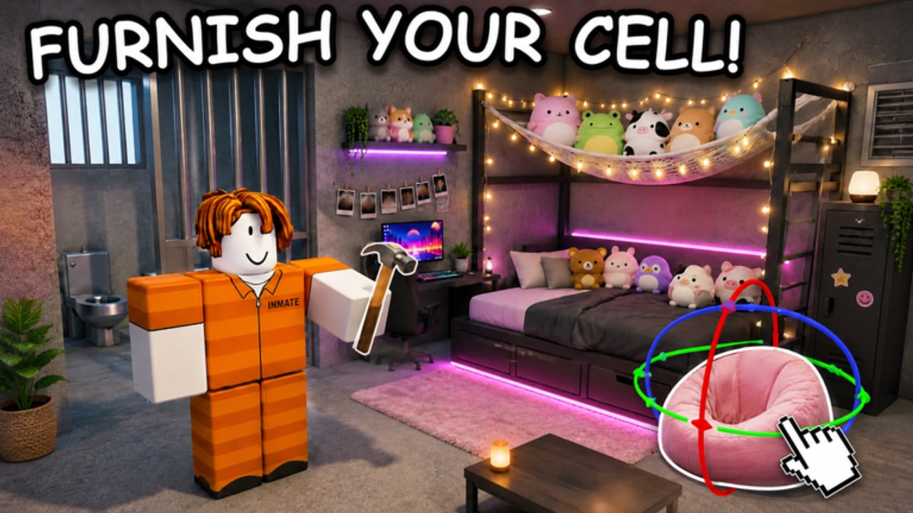 My-Jail-Cell-Insasse im orangen Overall in einer eingerichteten Zelle mit Plüschtieren, Lichterkette und pinkem Sitzsack