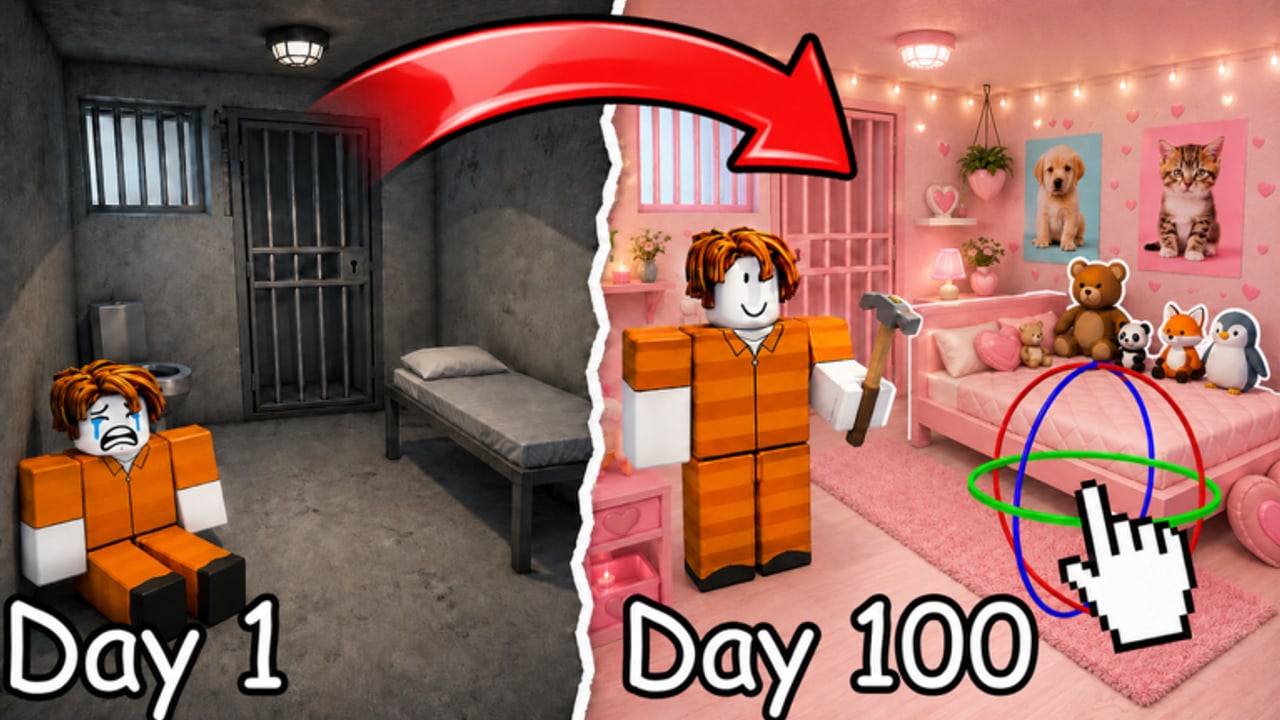Offizielle My-Jail-Cell-Gegenüberstellung: kahle Tag-1-Zelle und eingerichtetes Tag-100-Zimmer